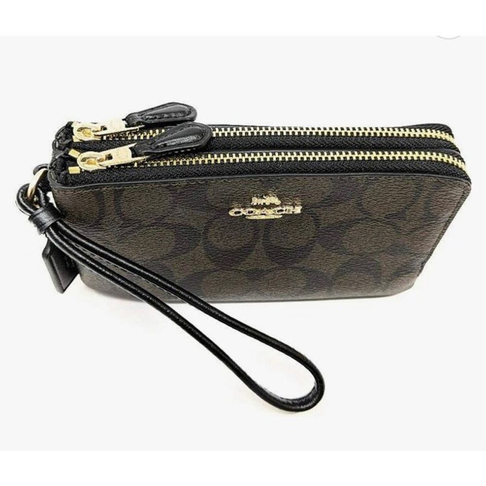 COACH - Signature Corner/Double Zip Wristlet Brown/Black Covered Canvas. PERFECT - Picture 15 of 16